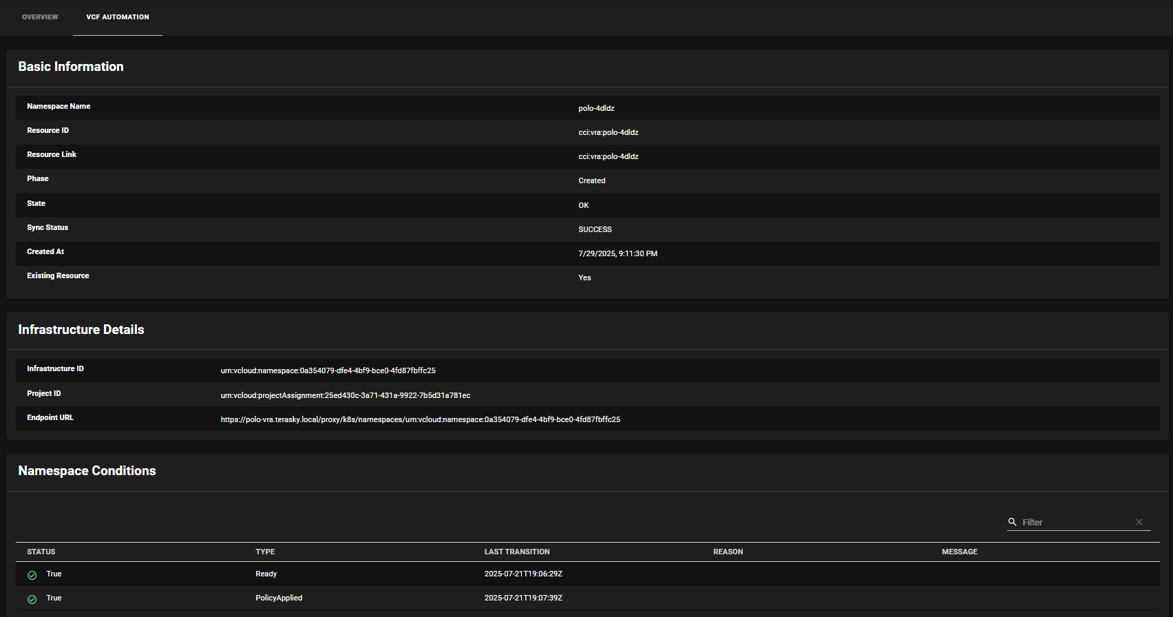 CCI Supervisor Namespace Details 1