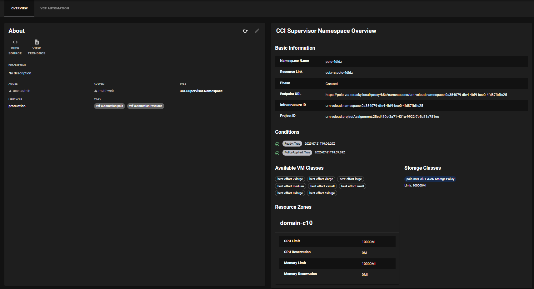 CCI Supervisor Namespace View